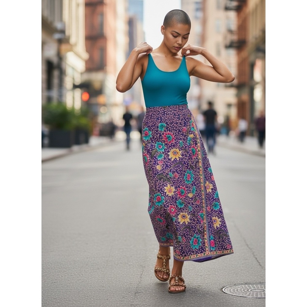 Emchit 5029 Batik Floral Wrap Maxi Skirt Purple Cotton 28 Boho Ethnic Festival